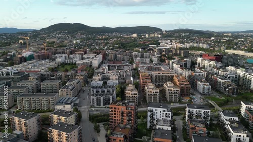 Drone video over Hasle, Oslo, with Løren in the background, one area with many new buildings, mostly housing