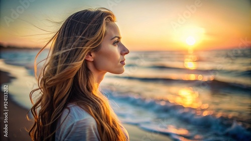 Profile portrait, woman with long hair, soft natural light, beach at sunset, serene.