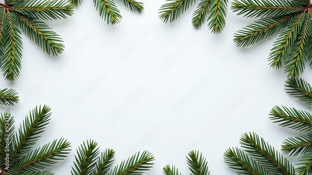 Festive Pine Tree Branches Frame on a White Background, Perfect for Holiday Cards and Seasonal Decorations Festive Pine Tree Branches Frame on a White Background, Perfect for Holiday Cards and Seasonal Decorations
