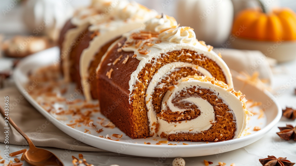Delicious pumpkin roll cake with cream cheese frosting, topped with toasted nuts, perfect for fall dessert Delicious pumpkin roll cake with cream cheese frosting, topped with toasted nuts, perfect for fall dessert