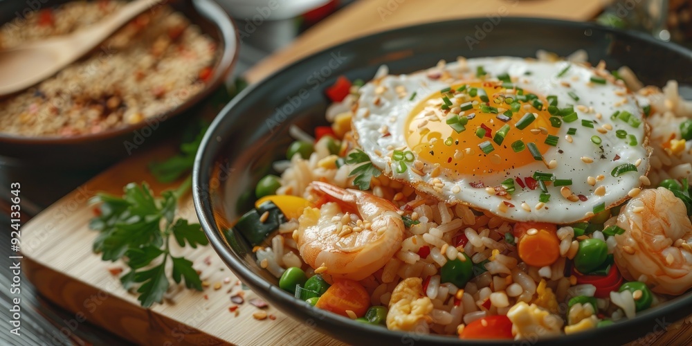 Delicious fried rice with shrimps mixed vegetables and a crispy fried egg Delicious fried rice with shrimps mixed vegetables and a crispy fried egg