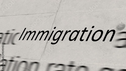 The word Immigration news headline - text intro flashing breaking news topic trend. Politics, economics, society, controversial debates, and current affairs. Newspaper and social media.