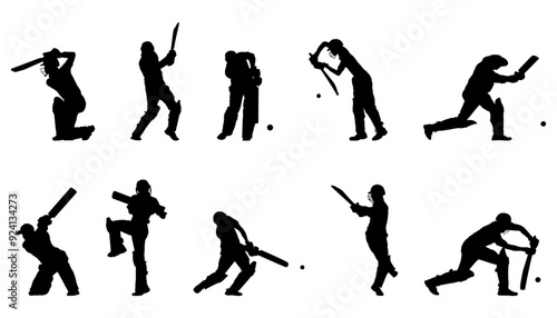 Silhouettes of cricket batsmen in various poses. Players swinging a bat making shots