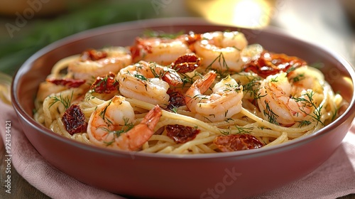  A bowl of pasta topped with shrimp, bacon, and parsley on a pink napkin placed on a wooden table