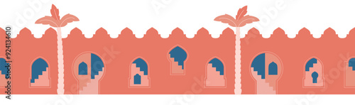 Moroccan red city wall with arch, window, gate. Arabic style landscape with palm. Vector seamless border