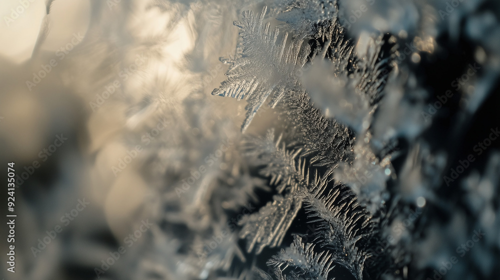 Detailed view of frost crystals on glass, highlighting intricate patterns and textures