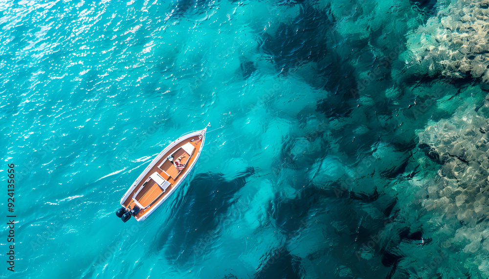Aerial view of the speed boat in clear azure water on summer sunny day. Top drone view of fast floating yacht in ocean ocean Aerial view of the speed boat in clear azure water on summer sunny day. Top drone view of fast floating yacht in ocean ocean