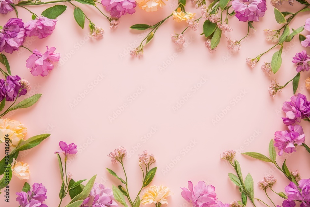 Fototapeta premium Elegant floral border with vibrant flowers lush greenery on light background. Ideal for decorative designs wedding invitations or romantic designs valentines day, mother's day, women's day