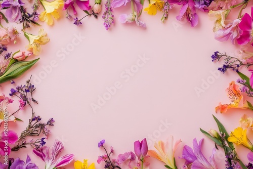 Elegant floral border with vibrant flowers lush greenery on light background. Ideal for decorative designs wedding invitations or romantic designs valentines day, mother's day, women's day