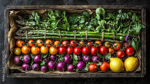   A wooden box filled with an array of fruits and veggies, including lemons, tomatoes, and asparagus