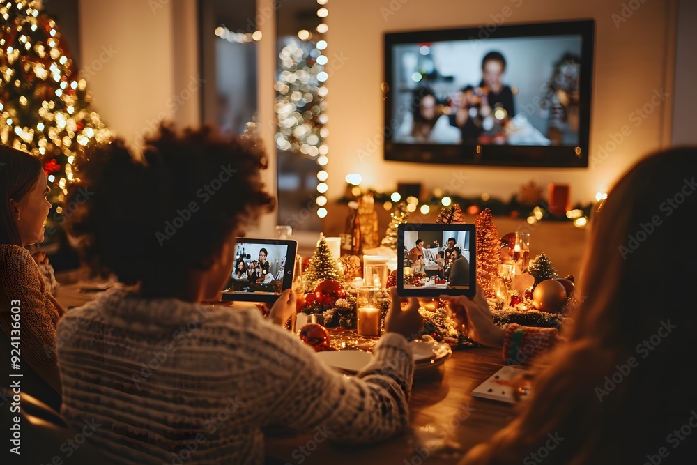 A modern Christmas gathering with family members using tablets and smartphones to connect with loved ones via video calls A modern Christmas gathering with family members using tablets and smartphones to connect with loved ones via video calls