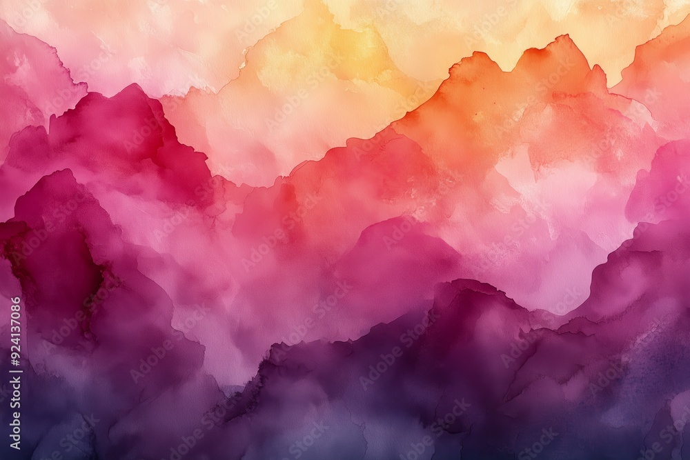 Watercolor landscape with vibrant mountains at sunset Watercolor landscape with vibrant mountains at sunset