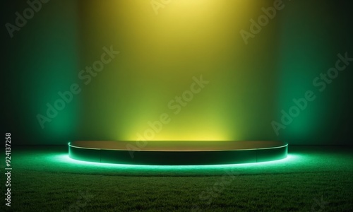 Minimal scene with empty podium and neon lights in the center of green grass field. Green color studio room with product display pedestal for sport football goods showcases. photo