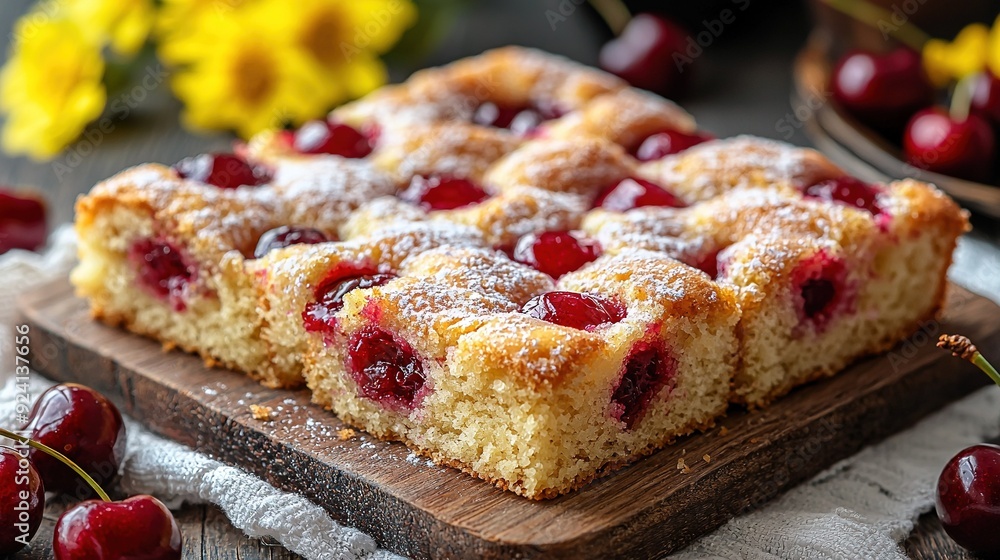 A wooden cutting board adorned with a powdered-sugar-topped slice of cake and surrounded by a plateful of fresh cherries A wooden cutting board adorned with a powdered-sugar-topped slice of cake and surrounded by a plateful of fresh cherries