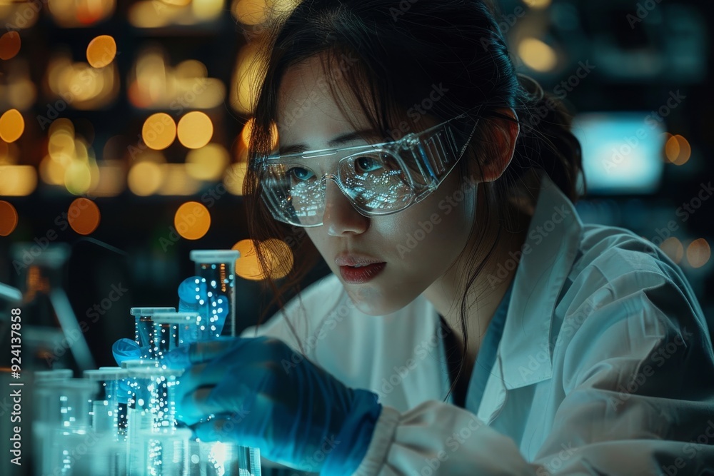 A female scientist working with test tubes and glassware. Generative AI A female scientist working with test tubes and glassware. Generative AI