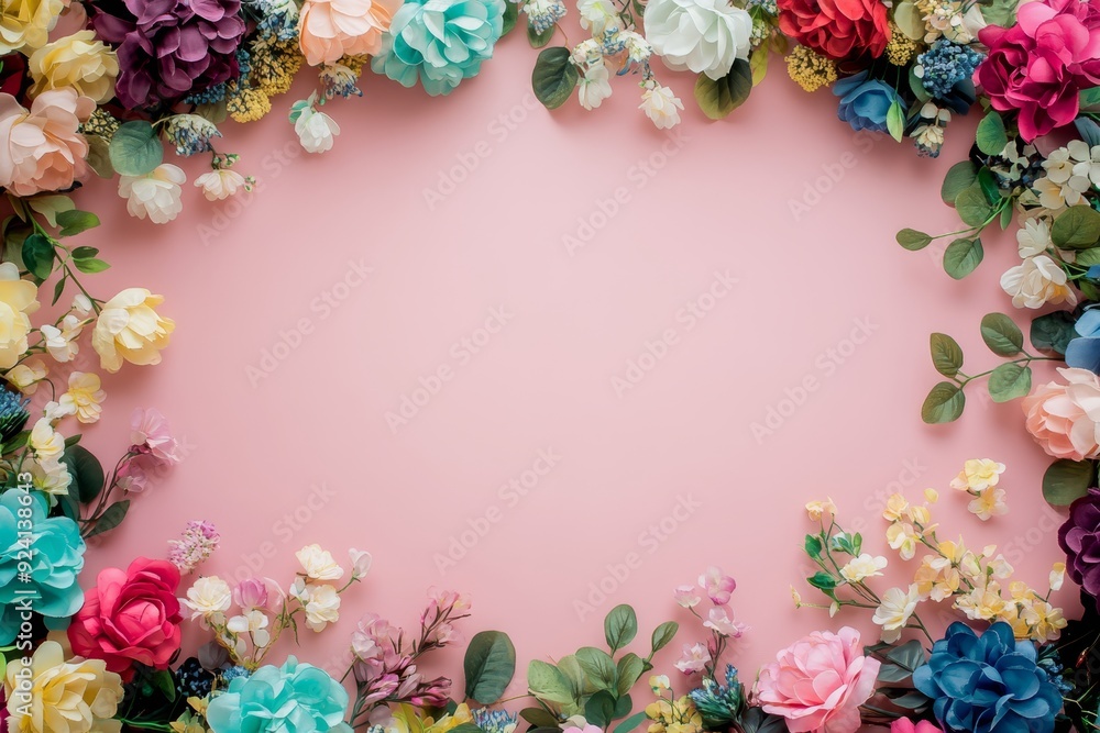 Elegant floral border with vibrant flowers lush greenery on light background. Ideal for decorative designs wedding invitations or romantic designs valentines day, mother's day, women's day Elegant floral border with vibrant flowers lush greenery on light background. Ideal for decorative designs wedding invitations or romantic designs valentines day, mother's day, women's day