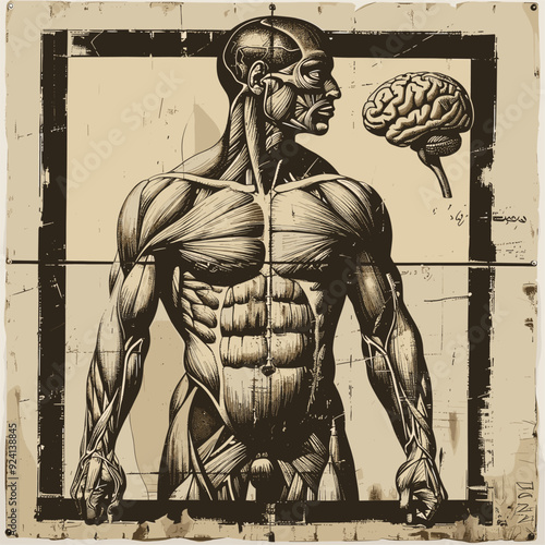 Detailed anatomical illustration of a human head with exposed brain and muscles.
