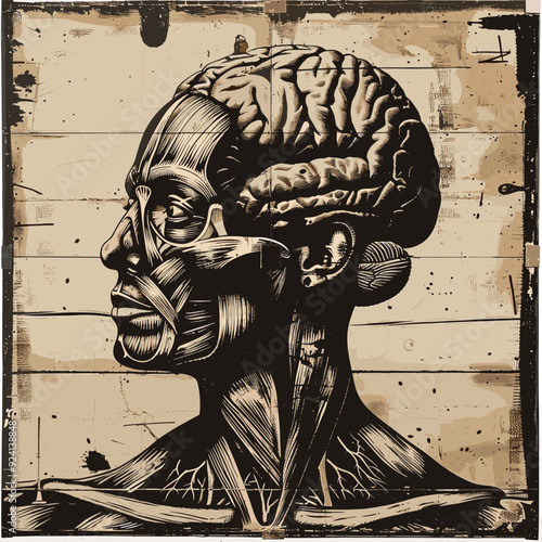 Detailed anatomical illustration of a human head with exposed brain and muscles.
