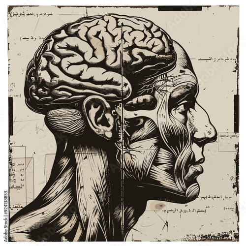 Detailed anatomical illustration of a human head with exposed brain and muscles.
