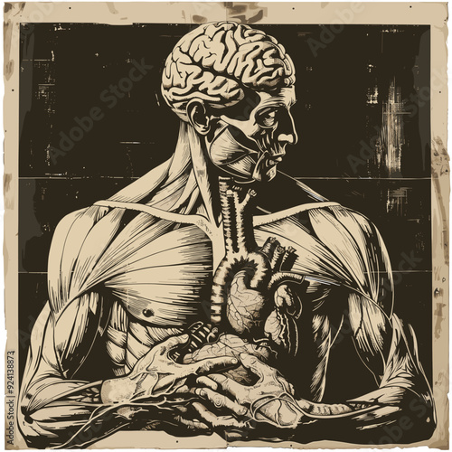 Detailed anatomical illustration of a human head with exposed brain and muscles.
