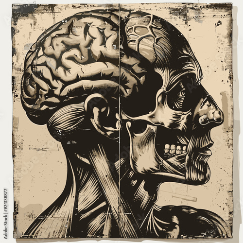 Detailed anatomical illustration of a human head with exposed brain and muscles.
