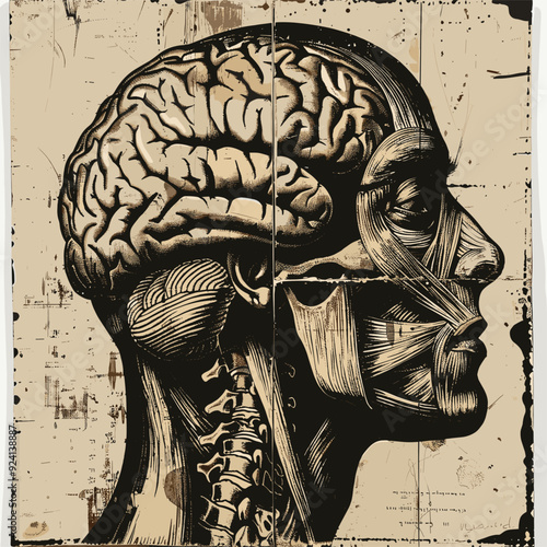 Detailed anatomical illustration of a human head with exposed brain and muscles.
