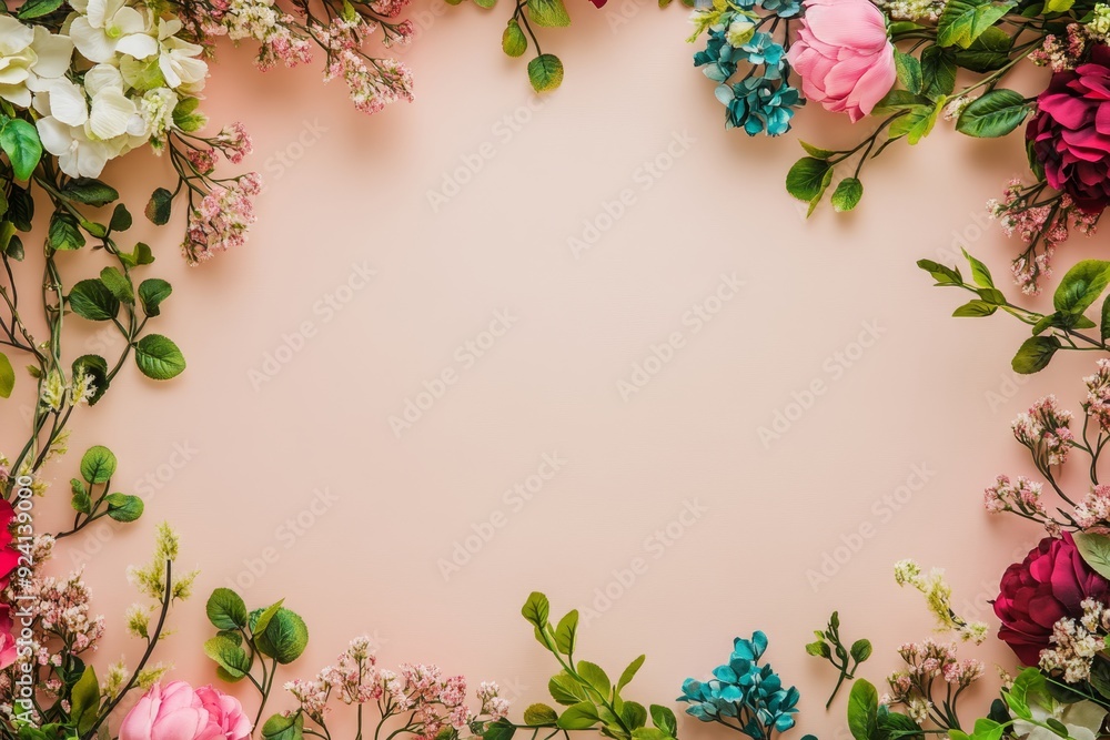 Elegant floral border with vibrant flowers lush greenery on light background. Ideal for decorative designs wedding invitations or romantic designs valentines day, mother's day, women's day Elegant floral border with vibrant flowers lush greenery on light background. Ideal for decorative designs wedding invitations or romantic designs valentines day, mother's day, women's day