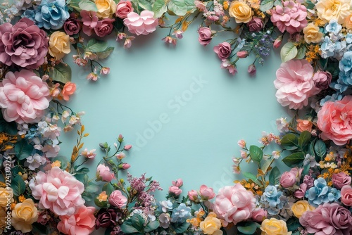 Elegant floral border with vibrant flowers lush greenery on light background. Ideal for decorative designs wedding invitations or romantic designs valentines day, mother's day, women's day