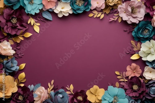 Elegant floral border with vibrant flowers lush greenery on light background. Ideal for decorative designs wedding invitations or romantic designs valentines day, mother's day, women's day