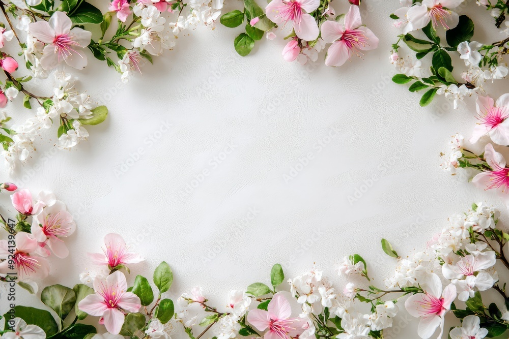 Obraz premium Elegant floral border with vibrant flowers lush greenery on light background. Ideal for decorative designs wedding invitations or romantic designs valentines day, mother's day, women's day