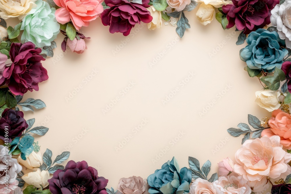 Elegant floral border with vibrant flowers lush greenery on light background. Ideal for decorative designs wedding invitations or romantic designs valentines day, mother's day, women's day Elegant floral border with vibrant flowers lush greenery on light background. Ideal for decorative designs wedding invitations or romantic designs valentines day, mother's day, women's day