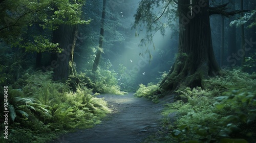 A peaceful forest path illuminated by soft sunlight in a lush green woodland