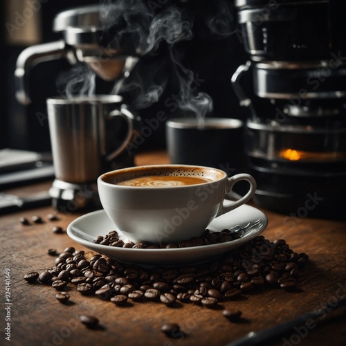 Rustic still life with a French press, freshly brewed coffee, and coffee beans on a wooden table