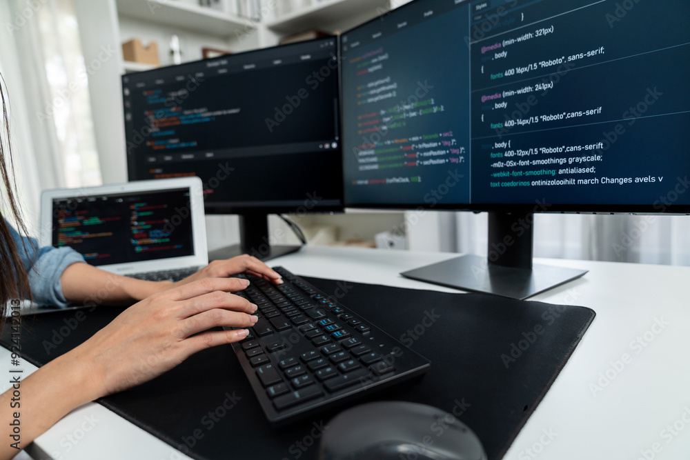 Cropped hands image of IT developer creating with typing information on pc with coding program information data website application, wearing jeans shirt surround safety analysis two screen. Stratagem. Cropped hands image of IT developer creating with typing information on pc with coding program information data website application, wearing jeans shirt surround safety analysis two screen. Stratagem.