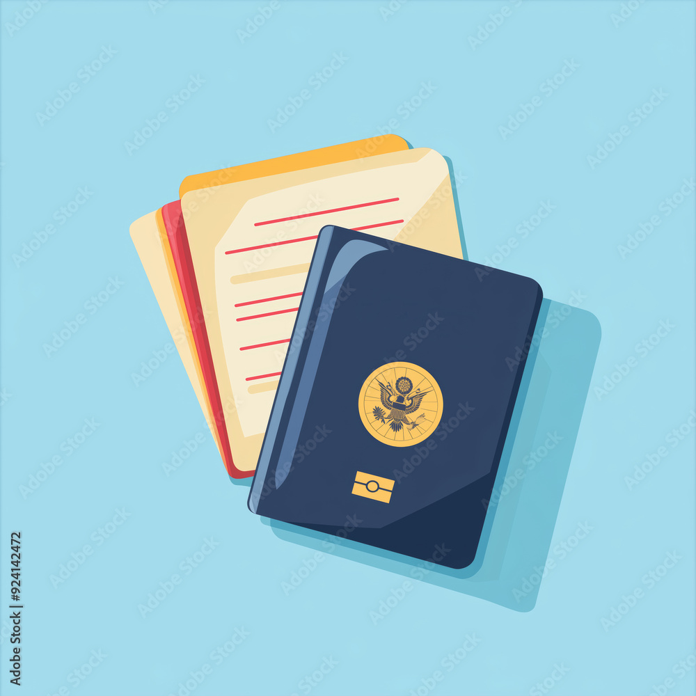 Stylish travel essentials featuring a passport and flight tickets on a vibrant blue background Stylish travel essentials featuring a passport and flight tickets on a vibrant blue background