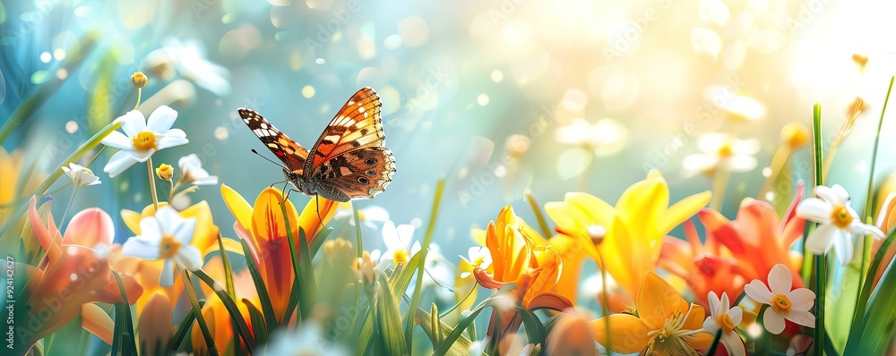 Open space for words with fresh spring flowers and a butterfly, vibrant theme Open space for words with fresh spring flowers and a butterfly, vibrant theme