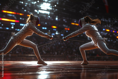 Dynamic duel between female fencers in an electrifying tournament setting with dramatic lighting photo