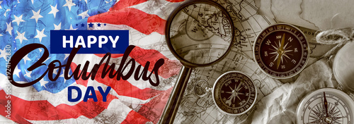 Принти на полотні Different compasses and magnifier on world map