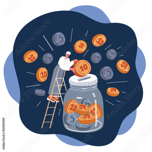 Cartoon vector illustration of woman Collecting money for travel. Glass tin as moneybox with cash savings and coins. Woman puts two euro cents coin in jar over dark background