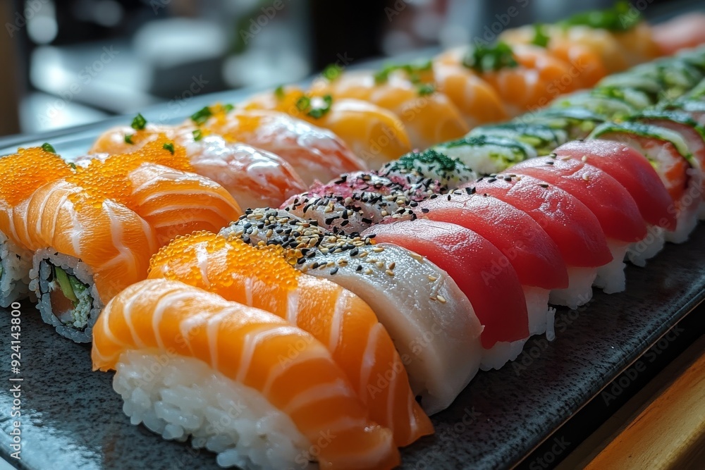 A sushi set, an assortment of fresh fish and rolls. Generative AI A sushi set, an assortment of fresh fish and rolls. Generative AI