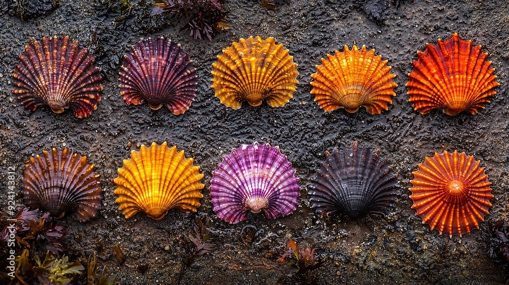   A rainbow of seashells scattered on a sandy shore with seaweed in the foreground