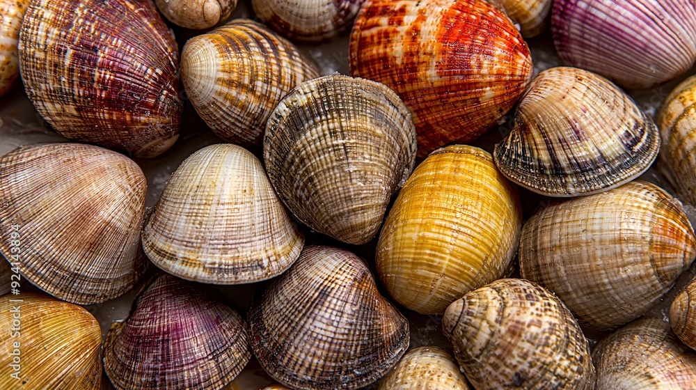 A colorful array of seashells stacked atop one another on a white background A colorful array of seashells stacked atop one another on a white background