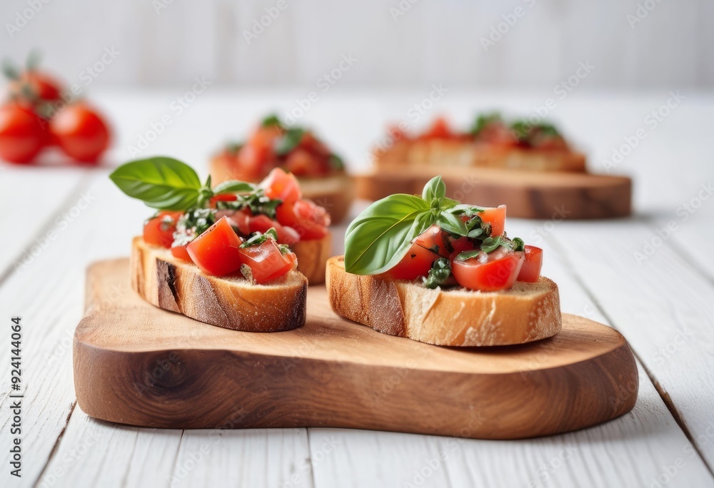 Fresh Tomato and Basil Bruschetta on Rustic Wooden Board Fresh Tomato and Basil Bruschetta on Rustic Wooden Board