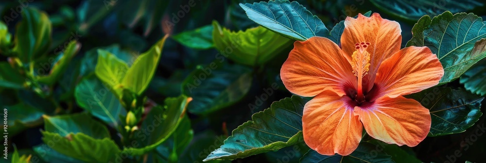Vibrant Orange-Petaled Hibiscus Flower Surrounded by Lush Green Foliage Vibrant Orange-Petaled Hibiscus Flower Surrounded by Lush Green Foliage