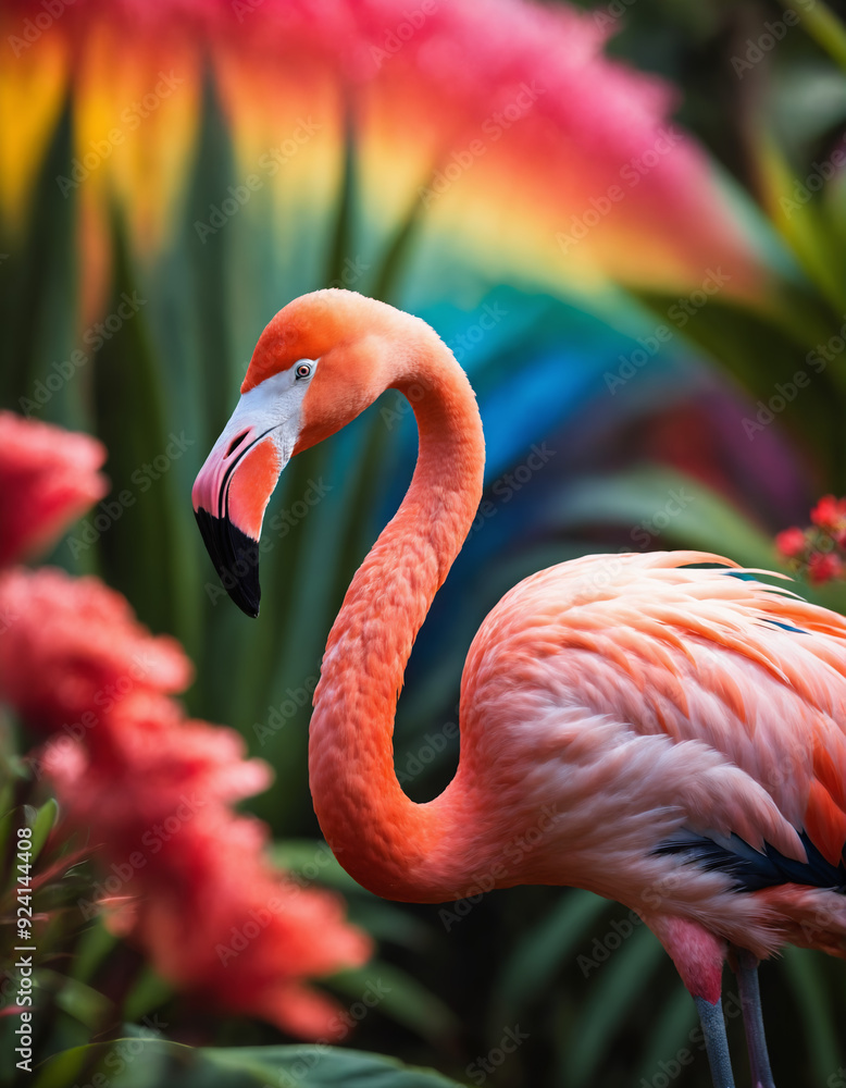 Obraz premium Pink flamingo standing in a colorful surreal landscape with giant flowers