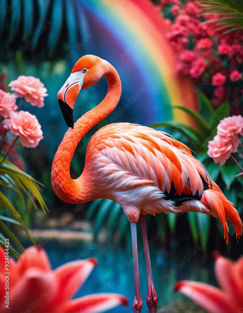 Obraz premium Pink flamingo standing in a colorful surreal landscape with giant flowers
