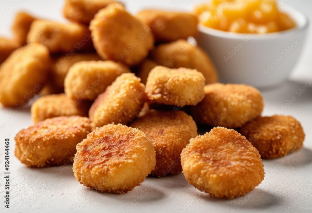 Pile of Crispy Chicken Nuggets with Dipping Sauce on White Surface Pile of Crispy Chicken Nuggets with Dipping Sauce on White Surface