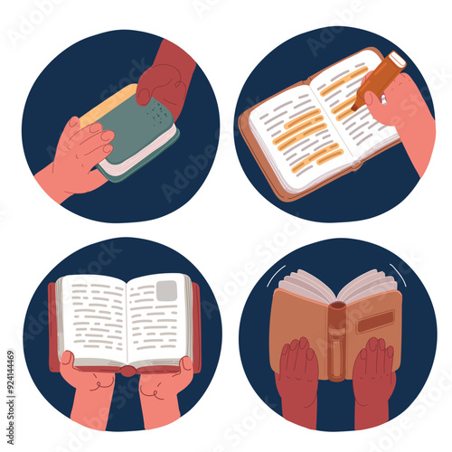 Cartoon vector illustration of Hands holding books of Hands holding books. Bookcrossing concept. Making marks in the text over dark background.