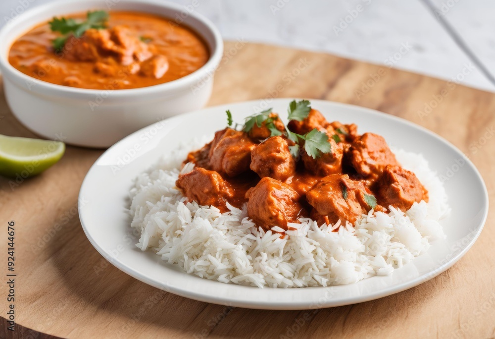 Chicken Tikka Masala with Rice and Fresh Cilantro on Plate Chicken Tikka Masala with Rice and Fresh Cilantro on Plate