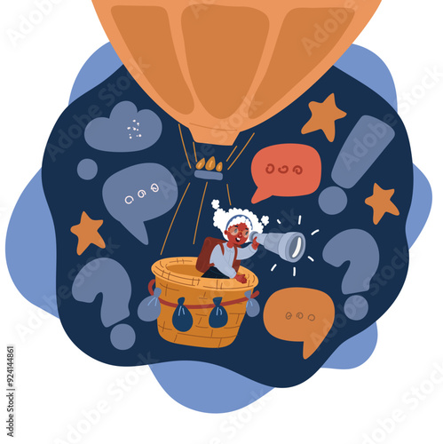 Cartoon vector illustration of girl on balloon looking through spyglass child on hot air balloon watching through spyglass over dark background